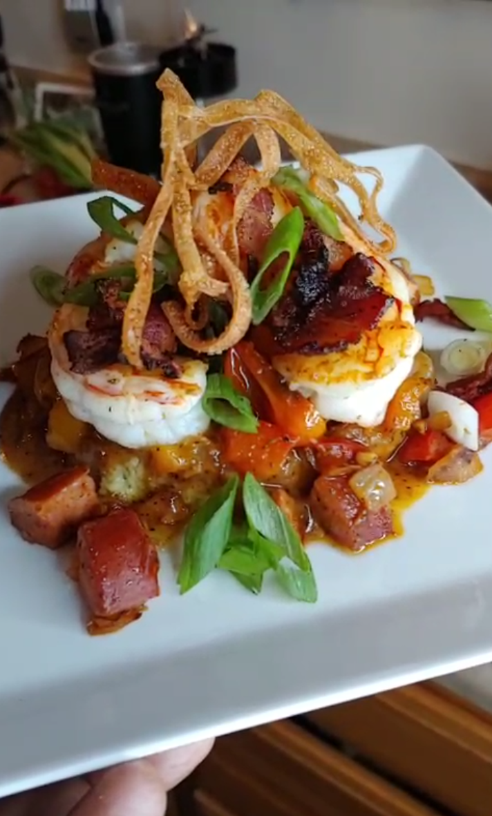 Savory non-dairy Fried Grits and Shrimp