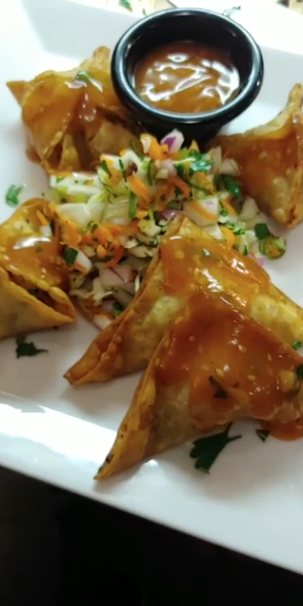 Potstickers with Spicy Dragon Sauce and Lime Honey Cabbage Salad